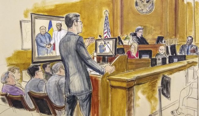 In this courtroom drawing, Assistant U.S. Attorney Douglas Zolkind, standing, addresses cooperating witness Cheikh Gadio, far right, during Hong Kong businessman Dr. Chi Ping Patrick Ho&#x27;s bribery trial in New York, Wednesday, Nov. 28, 2018. Seated at far left is the defendant, Dr. Chi Ping Patrick Ho. On the bench is Judge Loretta Preska. The photo on the monitor shows the defendant and the President of Chad, Idriss Deby, taken during a meeting. (Elizabeth Williams via AP)