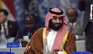 In this Dec. 1, 2018, file, photo released by the press office of the G20 Summit Saudi Arabia&#x27;s Crown Prince Mohammed bin Salman attends a plenary session on the second day of the G20 Leader&#x27;s Summit in Buenos Aires, Argentina. (G20 Press Office via AP, File) **FILE**