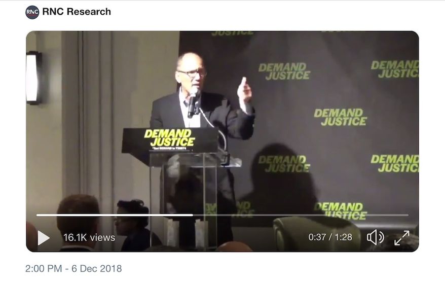 Democratic National Committee (DNC) Chairman Tom Perez speaks at the Demand Justice Summit in Washington, D.C., Wednesday, Dec. 5, 2018. (Image: Twitter, Steve Guest, RNC Research)