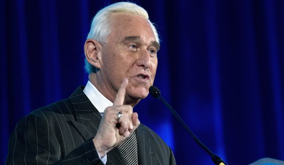 Roger Stone speaks at the American Priority Conference in Washington Thursday Dec. 6, 2018. (AP Photo/Jose Luis Magana)