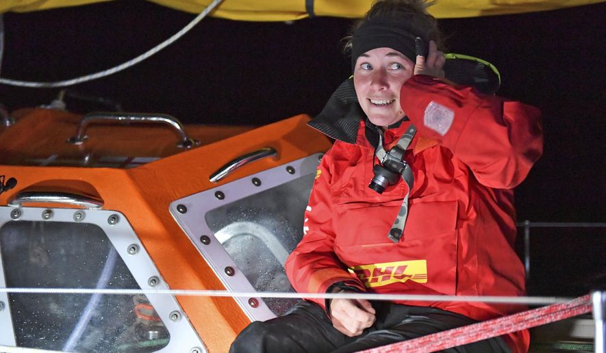 British yachtswoman Susie Goodall sailing her Rustler 36 yacht DHL STARLIGHT on arrival at Hobart, Australia, Oct. 30, 2018, arriving in 4th place in the 2018 Golden Globe Race. British woman Goodall sailing solo in the Golden Globe Race round-the-world has lost her mast and was knocked unconscious in a vicious storm, and Thursday Dec. 6, 2018, rescuers are trying to reach her in the Southern Ocean, 2,000 miles west of Cape Horn near the southern tip of South America. (Christophe Favreau/PPL Photo Agency, Golden Globe Race via AP)