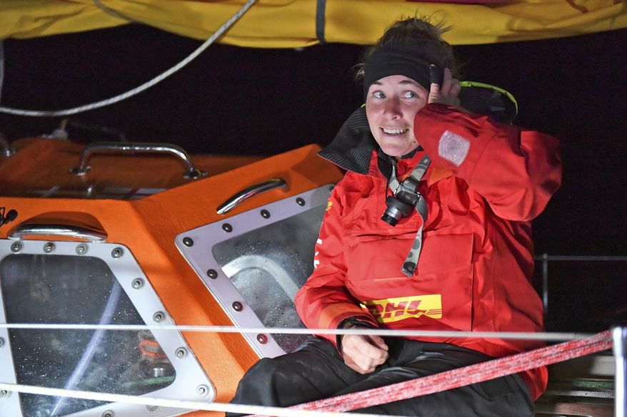 British yachtswoman Susie Goodall sailing her Rustler 36 yacht DHL STARLIGHT on arrival at Hobart, Australia, Oct. 30, 2018, arriving in 4th place in the 2018 Golden Globe Race. British woman Goodall sailing solo in the Golden Globe Race round-the-world has lost her mast and was knocked unconscious in a vicious storm, and Thursday Dec. 6, 2018, rescuers are trying to reach her in the Southern Ocean, 2,000 miles west of Cape Horn near the southern tip of South America. (Christophe Favreau/PPL Photo Agency, Golden Globe Race via AP)