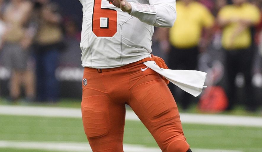 FILE - In this Dec. 2, 2018, file photo, Cleveland Browns quarterback Baker Mayfield (6) passes during the second half of an NFL football game against the Houston Texans, in Houston. The Carolina Panthers play the Browns in Cleveland on Sunday.(AP Photo/Eric Christian Smith, File)