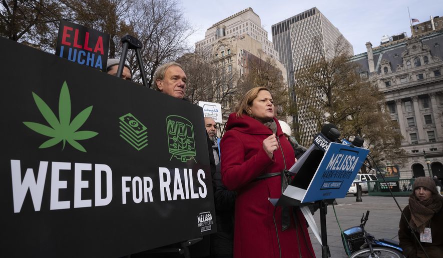 Melissa Mark-Viverito, a candidate for New York City Public Advocate, speaks at a news conference, Thursday, Dec. 6, 2018, in New York. The former New York City Council Speaker is proposing to legalize marijuana sales and use the tax revenue to help fund the city's aging subway system. (AP Photo/Mark Lennihan)