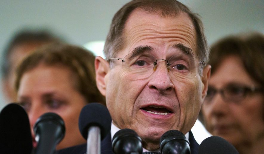 In this Sept. 28, 2018, file photo, House Judiciary Committee ranking member Jerry Nadler, D-N.Y., talks to media during a Senate Judiciary Committee hearing on Capitol Hill in Washington. (Associated Press/File) 