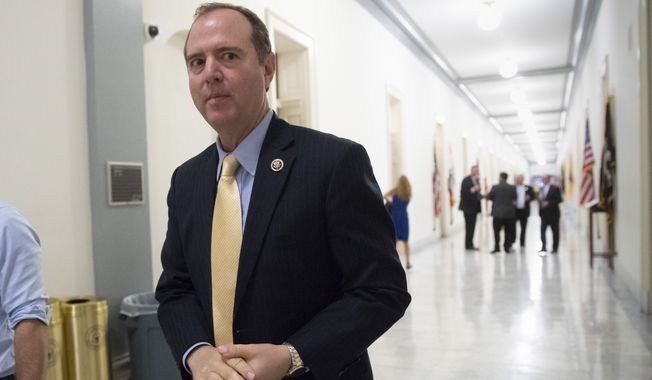 Rep. Adam Schiff, D-Calif., ranking member of the House Intelligence Committee, arrives to interview Simona Mangiante Papadopoulos, wife of former Donald Trump campaign adviser George Papadopoulos at a closed-door meeting with Democrats on the House intelligence committee, on Capitol Hill in Washington, Wednesday, July 18, 2018. (AP Photo/J. Scott Applewhite) ** FILE **
