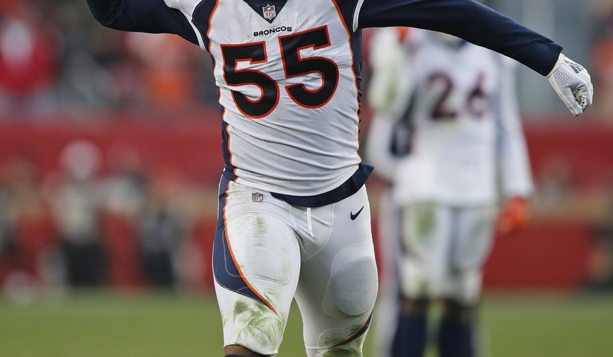 Denver Broncos outside linebacker Bradley Chubb celebrates after a play during the second half of an NFL football game against the San Francisco 49ers Sunday, Dec. 9, 2018, in Santa Clara, Calif. San Francisco won the game 20-14. (AP Photo/John Hefti)
