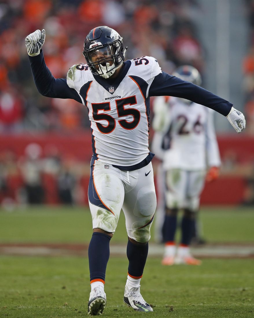 Denver Broncos outside linebacker Bradley Chubb celebrates after a play during the second half of an NFL football game against the San Francisco 49ers Sunday, Dec. 9, 2018, in Santa Clara, Calif. San Francisco won the game 20-14. (AP Photo/John Hefti)