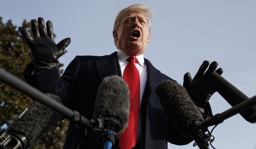 President Donald Trump talks to media before boarding Marine One on the South Lawn of the White House in Washington, Saturday, Dec. 8, 2018, for the short trip to Andrews Air Force Base en route to Philadelphia to attend the Army-Navy Football Game. (AP Photo/Carolyn Kaster)