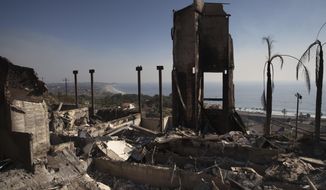 In this Nov. 11, 2018, file photo, a home burned down by a wildfire sits on a hilltop overlooking the Pacific Ocean in Malibu, Calif. (AP Photo/Jae C. Hong, File)