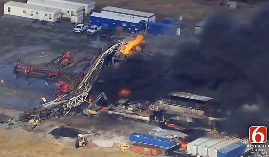 FILE - In this Jan. 22, 2018, file photo from video by Tulsa&#39;s KOTV/NewsOn6.com, fires burn at an eastern Oklahoma drilling rig near Quinton, Okla. The family of one of five workers who were killed in the explosion says the drilling company didn&#39;t act upon multiple warnings that its safety equipment was in disrepair. Parker Waldridge&#39;s family alleges in a Dec. 4, 2018, amendment to their wrongful death lawsuit that a &amp;quot;cascade of errors and multiple departures from safe drilling practices&amp;quot; by drilling company Patterson-UTI Drilling led to the blowout. (Christina Goodvoice/KOTV/NewsOn6.com via AP, File)