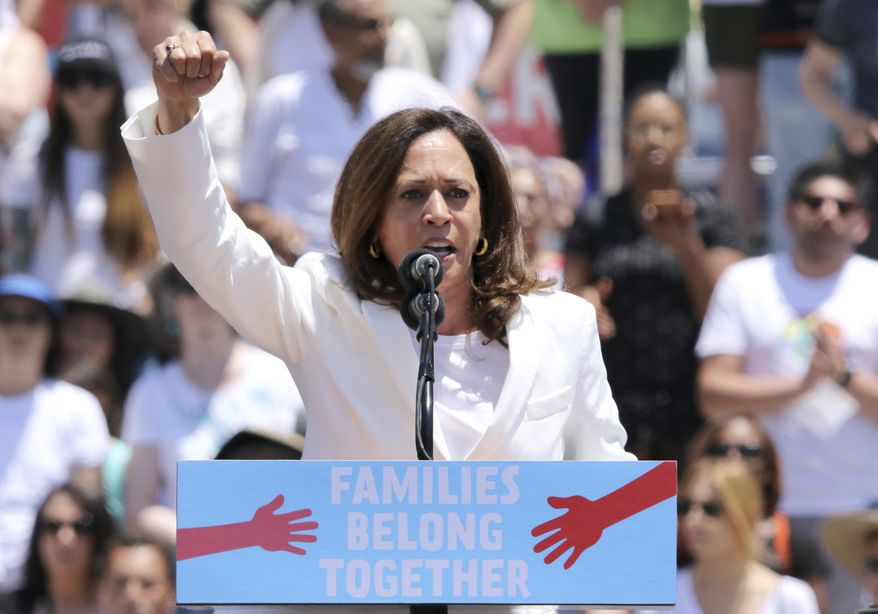 In this June 30, 2018, file photo, U.S. Sen. Kamala Harris, D-Calif., speaks at the &amp;quot;Families Belong Together: Freedom for Immigrants&amp;quot; March in Los Angeles. (Photo by Willy Sanjuan/Invision/AP, File)