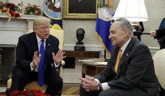 President Donald Trump meets with Senate Minority Leader Chuck Schumer, D-N.Y., right, and House Minority Leader Nancy Pelosi, D-Calif., not shown, in the Oval Office of the White House, Tuesday, Dec. 11, 2018, in Washington. (AP Photo/Evan Vucci) **FILE**