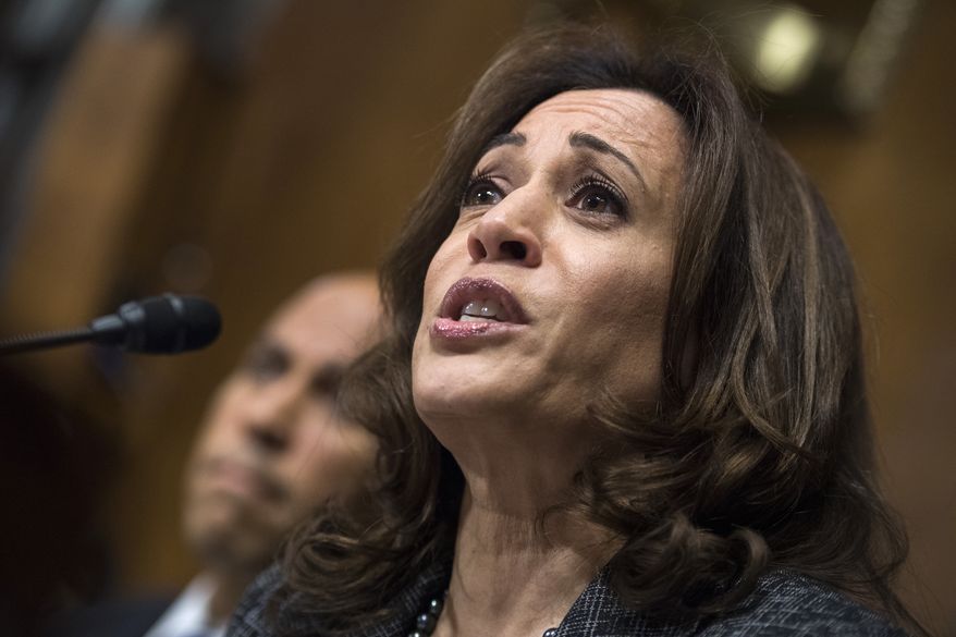 Sen. Kamala Harris, D-Calif., listens to Christine Blasey Ford testify during the Senate Judiciary Committee hearing on the nomination of Brett Kavanaugh to be an associate justice of the Supreme Court in Washington. (Tom Williams/Pool Photo via AP) **FILE**