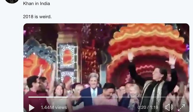 Former Secretary of States Hillary Clinton and John Kerry dance with India&#x27;s &quot;King of Bollywood,&quot; Shah Rukh Khan, Dec. 11, 2018. (Image: Twitter video screenshot, Sameera Khan) 