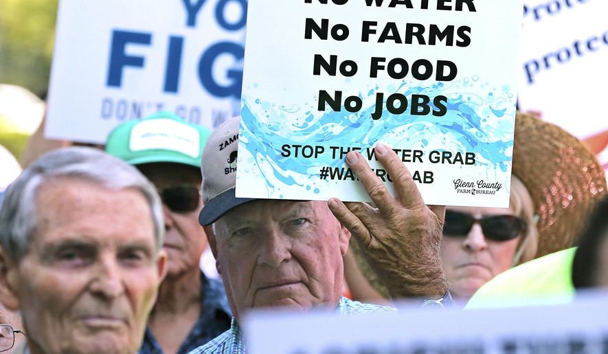FILE - In this Aug. 20, 2018 file photo, California farmers rally at the Capitol to protest a proposal by state water officials to increase water flows for the lower San Joaquin River to protect fish, at the Capitol in Sacramento, Calif. A state water board is scheduled to vote Wednesday, Dec. 12, 2018, on a contentious proposal to boost flows through a Central California river and its tributaries, increasing habitat for salmon but delivering less water for cities and farmers. State officials say water users along the Tuolumne River have agreed to voluntary concessions that would improve salmon habitat instead of the mandated increase in water flows. (AP Photo/Rich Pedroncelli, File)