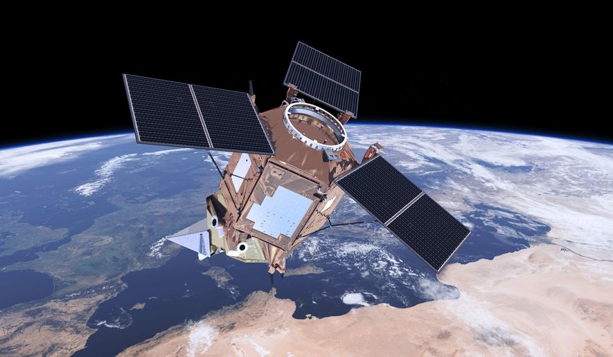 The undated artist rendering provided by ESa shows the Sentinel-5P satellite which is the first Copernicus mission dedicated to monitoring our atmosphere. It carries the Tropomi instrument to map a multitude of trace gases and aerosols that affect the air we breathe and our climate. (ESA via AP)