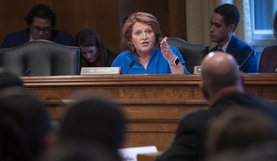 Sen. Heidi Heitkamp, D-N.D., tells a panel of law enforcement officials that efforts to prevent and solve the deaths and disappearance of Native American women must improve, during a hearing by the Senate Committee on Indian Affairs, on Capitol Hill in Washington, Wednesday, Dec. 12, 2018. (AP Photo/J. Scott Applewhite) ** FILE **