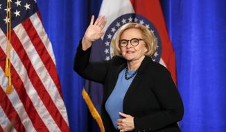 In this Nov. 6, 2018, file photo, Sen. Claire McCaskill, D-Mo., steps on stage to deliver a concession speech in St. Louis. (AP Photo/Jeff Roberson, file)
