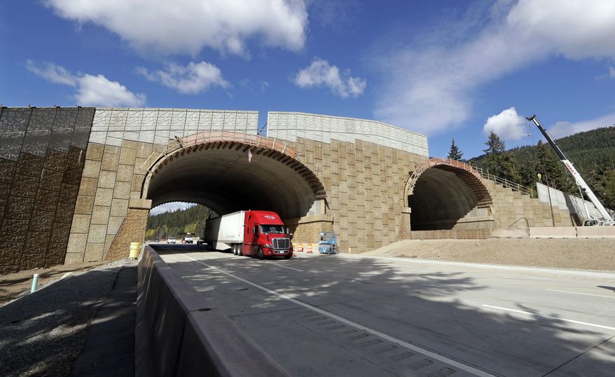 In this photo taken Oct. 4, 2018, eastbound Interstate 90 traffic passes beneath a wildlife bridge under construction on Snoqualmie Pass, Wash. The stretch of highway crossing the Cascade Mountains cuts through old growth forest and wetlands, creating a dangerous border for wildlife everything from an elk down to a small salamander. The new crossing gives animals in these mountains a safer option for crossing the road: They'll be able to go above it. (AP Photo/Elaine Thompson)