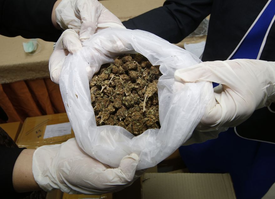 Thai officers show some marijuana before a news conference Bangkok, Thailand, Tuesday, Sept. 25, 2018. Thai police handed over around 100 kilograms of seized marijuana to be used for medical research Tuesday, as officials seek to produce pot-based medication. (AP Photo/Sakchai Lalit)