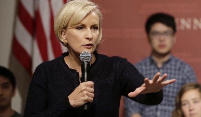 MSNBC television anchor Mika Brzezinski, co-host of the show &quot;Morning Joe,&quot; takes questions from an audience, Wednesday, Oct. 11, 2017, at a forum called Harvard Students Speak Up: A Town Hall on Politics and Public Service, at the John F. Kennedy School of Government, on the campus of Harvard University, in Cambridge, Mass. Co-host Joe Scarborough, not shown, also attend the event. (AP Photo/Steven Senne)