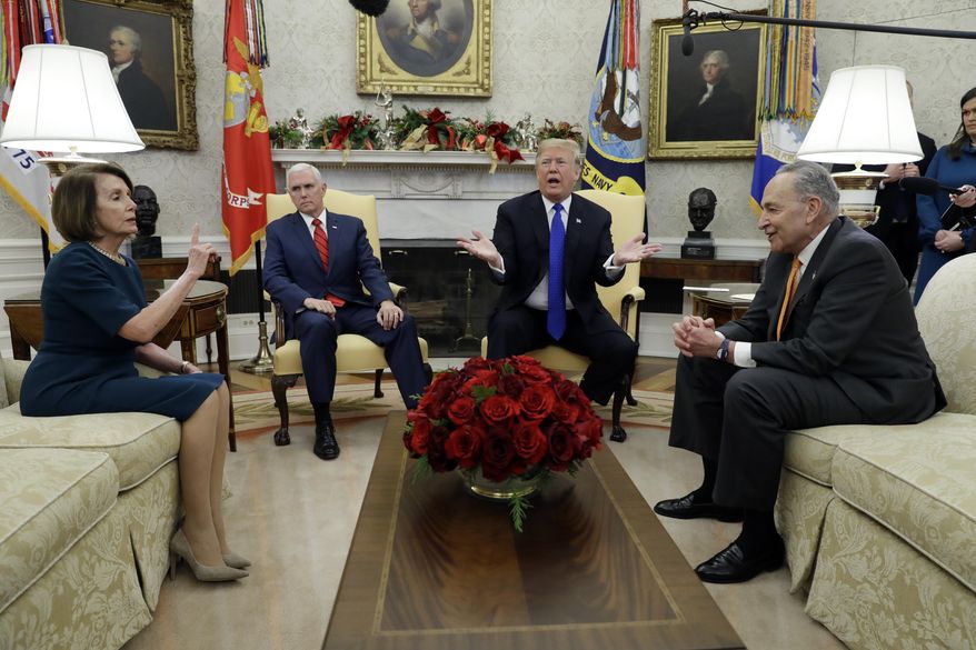 President Donald Trump and Vice President Mike Pence meet with Senate Minority Leader Chuck Schumer, D-N.Y., and House Minority Leader Nancy Pelosi, D-Calif., in the Oval Office of the White House, Tuesday, Dec. 11, 2018, in Washington. (AP Photo/Evan Vucci)