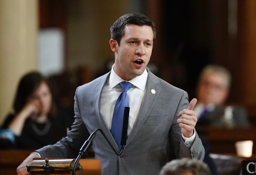 FILE - In this March 28, 2018, file photo, Sen. Adam Morfeld speaks at the Legislature in Lincoln, Neb. Nebraska voters may get the chance decide a medical marijuana ballot measure in 2020 if lawmakers don't approve one in the session that starts next month. State Sens. Anna Wishart and Morfeld, both of Lincoln, announced the formation Thursday, Dec. 13, 2018, of Nebraskans for Sensible Marijuana Laws, a committee primed to launch a signature-gathering campaign. (AP Photo/Nati Harnik, File)