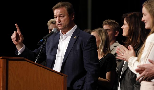FILE - In this Nov. 6, 2018, file photo, Sen. Dean Heller, R-Nev., makes his concession speech during the NVGOP Election Night Watch Party in Las Vegas. Heller is thanking his family and staff and touting the work of his office in a farewell speech on the floor of the U.S. Senate. Heller in a speech in Washington on Thursday, Dec. 13, morning cited his work on veterans&#x27; issues and the 2017 Republican tax overhaul as among his top accomplishments in his seven years in the Senate. (AP Photo/Joe Buglewicz, File)