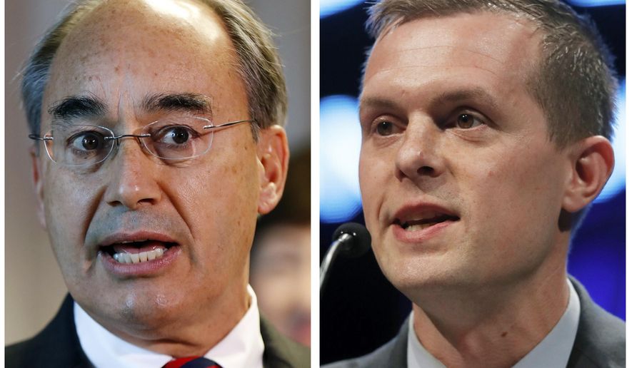 FILE - This combination of file photos show U.S. Rep. Bruce Poliquin in 2017, left, and state Rep. Jared Golden in 2018, right, in Maine. Federal Judge Lance Walker has dismissed a lawsuit by Poliquin aimed to nullify outcome of first ranked choice congressional election won by Golden. (AP Photos/Robert F. Bukaty, File)