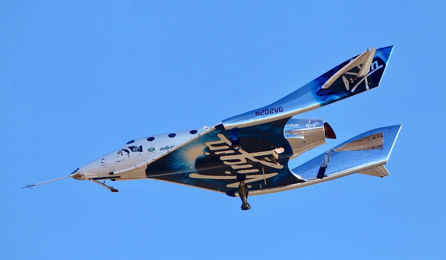 Virgin Galactic reaches space for the first time during its 4th powered flight from Mojave, Calif.  The aircraft called VSS Unity reached an altitude of 271,268 feet reaching the lower altitudes of space. (AP Photo/Matt Hartman)