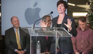 Deirdre O&#39;Brien, Apple&#39;s Vice President of People, speaks during an event about Apple&#39;s new campus announcement in Austin, Texas, Thursday, Dec, 13, 2018. Apple plans to build a $1 billion campus in Austin, that will create at least 5,000 jobs ranging from engineers to call-center agents while adding more luster to a Southwestern city that has already become a bustling tech hub. The decision, announced Thursday, comes 11 months after Apple CEO Tim Cook disclosed plans to open a major office outside California on the heels of a massive tax break passed by Congress last year. (Ricardo Brazziell/Austin American-Statesman via AP)