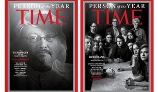 This combination photo provided by Time Magazine shows their four covers for the &amp;quot;Person of the Year,&amp;quot; announced Tuesday, Dec. 11, 2018. The covers show Jamal Khashoggi, top left, members of the Capital Gazette newspaper, of Annapolis, Md., top right, Wa Lone and Kyaw Soe Oo, bottom left, and Maria Ressa. The covers, which Time called the “guardians and the war on truth,” were selected &amp;quot;for taking great risks in pursuit of greater truths, for the imperfect but essential quest for facts that are central to civil discourse, for speaking up and speaking out.&amp;quot; (Time Magazine via AP)