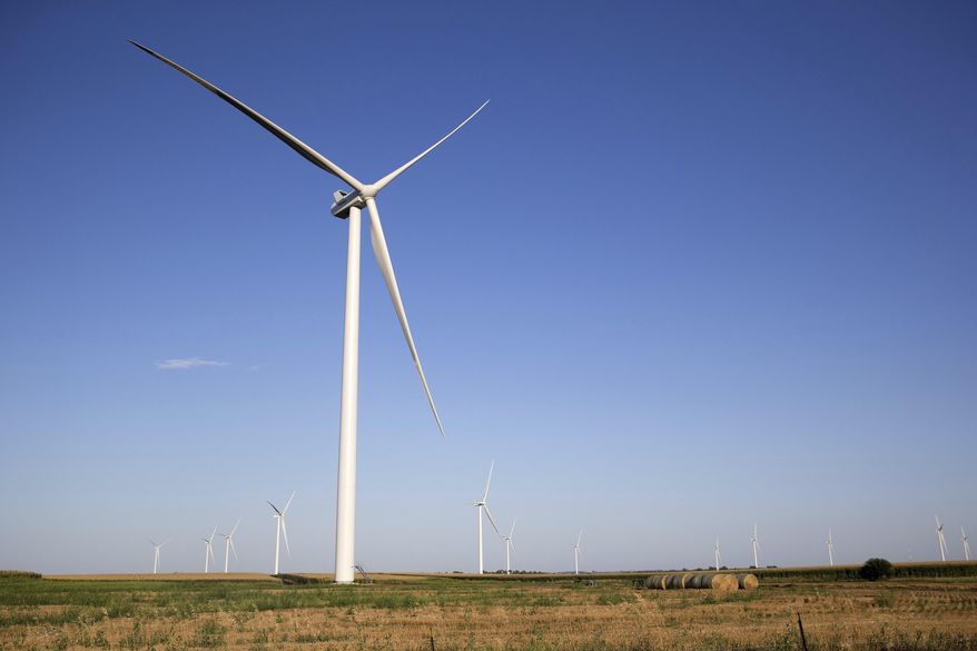 In this Thursday, Aug. 18, 2016 photo, wind turbines are shown at Grande Prairie Wind Project in O'Neill, Neb. (Megan Farmer/Omaha World-Herald via AP)