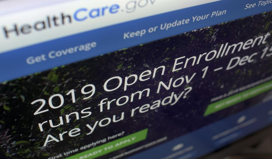 This Oct. 23, 2018, file photo shows HealthCare.gov website on a computer screen in New York. (AP Photo/Patrick Sison) ** FILE **