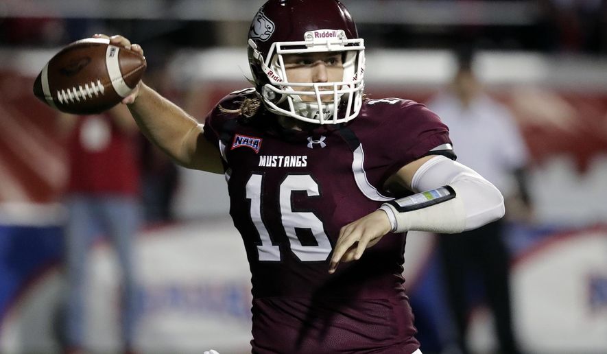 Morningside quarterback Trent Solsma throws a pass against Benedictine during the first half of the NAIA Championship college football game, Saturday, Dec. 15, 2018, in Daytona Beach, Fla. (AP Photo/John Raoux)