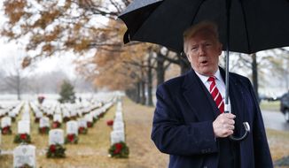 President Donald Trump speaks to media he visits Section 60 at Arlington National Cemetery in Arlington, Va., Saturday, Dec. 15, 2018, during Wreaths Across America Day. Wreaths Across America was started in 1992 at Arlington National Cemetery by Maine businessman Morrill Worcester and has expanded to hundreds of veterans&#39; cemeteries and other locations in all 50 states and beyond. (AP Photo/Carolyn Kaster)