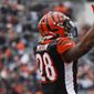 Cincinnati Bengals running back Joe Mixon celebrates his touchdown in the first half of an NFL football game against the Oakland Raiders, Sunday, Dec. 16, 2018, in Cincinnati. (AP Photo/Frank Victores)