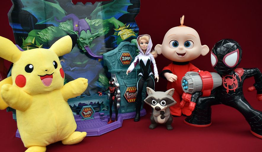 Gift ideas include Wicked Cool Toys&#x27; Power Action Pikachu, Hasbro&#x27;s Spider-Man: Super Collider Playset, Shock Strike Spider-Man and Gwen Stacy and Jakks Pacific&#x27;s Jack-Jack Attacks. (Photograph by Joseph Szadkowski / The Washington Times)