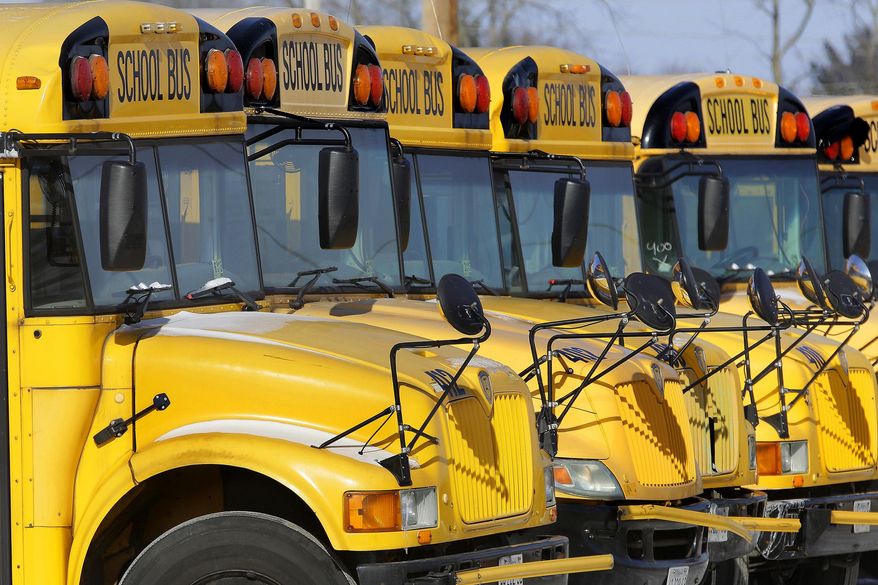 This Jan. 7, 2015 file photo shows public school buses parked in Springfield, Ill. Child abuse increases the day after school report cards are released _ but only when kids get their grades on a Friday, a Florida study released on Monday, Dec. 17, 2018 suggests. (AP Photo/Seth Perlman, File)