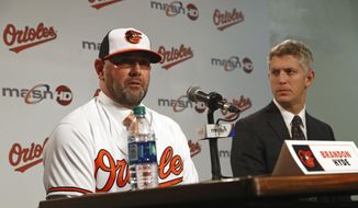 New Baltimore Orioles manager Brandon Hyde, left, speaks alongside executive vice president and general manager Mike Elias at an introductory news conference, Monday, Dec. 17, 2018, in Baltimore. Hyde is the 20th manager in the team&#x27;s history. (AP Photo/Patrick Semansky)