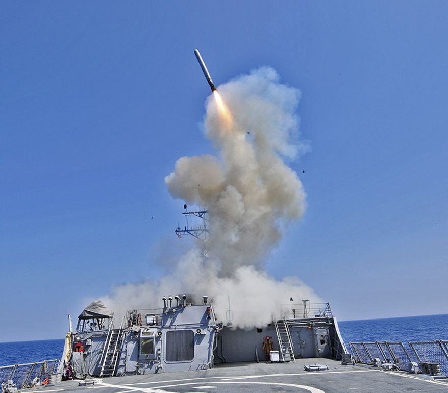 TOMAHAWK CRUISE MISSILE - The Arleigh Burke-class guided-missile destroyer USS Barry (DDG 52) launches a Tomahawk cruise missile to support Joint Task Force Odyssey Dawn. Odyssey Dawn is the U.S. Africa Command task force established to provide operational and tactical command and control of U.S. military forces supporting the international response to the unrest in Libya and enforcement of United Nations Security Council Resolution (UNSCR) 1973. (U.S. Navy photo by Mass Communication Specialist 3rd Class Jonathan Sunderman/Released)