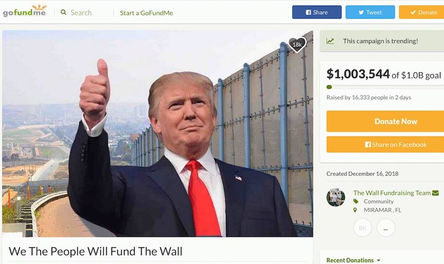A new GoFundMe site dedicated to raising money to build the border wall topped $1 million in three days, with a goal of raising $1 billion. (GoFundMe via Brian Kolfage)