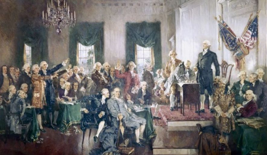 Artist Howard Chandler Christy&#39;s depiction of the signing of the United States Constitution is displayed in the east grand stairway of the House wing of the United States Capitol. (Image: Architect of the Capitol, https://www.aoc.gov)