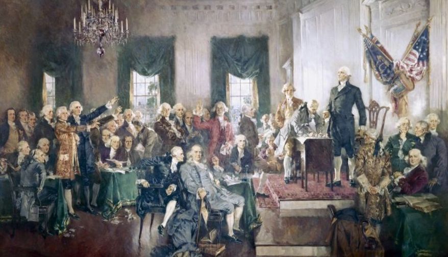 Artist Howard Chandler Christy's depiction of the signing of the United States Constitution is displayed in the east grand stairway of the House wing of the United States Capitol. (Image: Architect of the Capitol, https://www.aoc.gov)