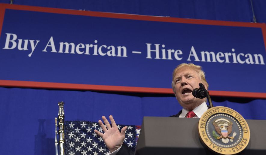 FILE - In this Tuesday, April 18, 2017, file photo, President Donald Trump speaks at tool manufacturer Snap-on Inc. in Kenosha, Wis. When Trump signed an executive order Tuesday in Kenosha, he sent a characteristically blunt message. “The policy of our government,” Trump declared, “is to aggressively promote and use American-made goods.” (AP Photo/Susan Walsh, File) **FILE**

