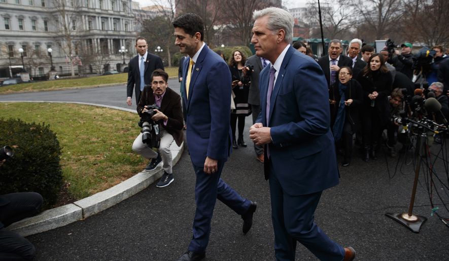 Speaker of the House Rep. Paul Ryan, R-Wis., left, and House Majority Leader Rep. Kevin McCarthy, R-Calif., walk off after speaking to reporters after meeting with President Donald Trump on border wall funding at the White House, Thursday, Dec. 20, 2018, in Washington. (AP Photo/Evan Vucci)