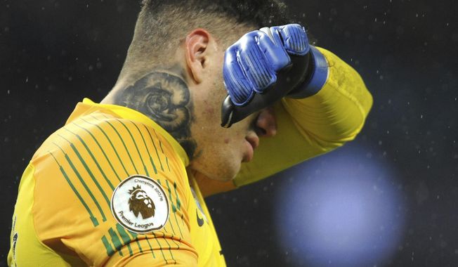 Manchester City&#x27;s goalkeeper Ederson Moraes reacts during the English Premier League soccer match between Manchester City and Crystal Palace at Etihad stadium in Manchester, England, Saturday, Dec. 22, 2018. (AP Photo/Rui Vieira)