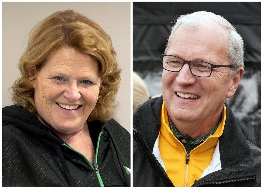FILE - This combination of file photos shows North Dakota Senate candidates in the November 2018 election from left, incumbent Democratic Sen. Heidi Heitkamp and her Republican challenger Kevin Cramer. Cramer defeated Heitkamp in the midterm election. (AP Photo/Bruce Crummy, File)