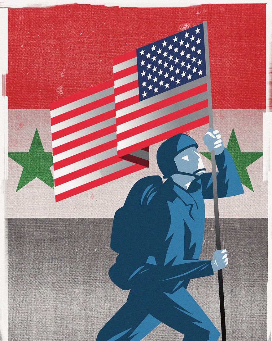 Illustration on why the U.S. should stay in Syria by Linas Garsys/The Washington Times